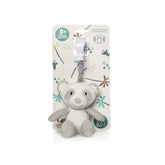 Gray and white Artesavi Panda Rattle Plush with a clip, suitable for newborns, displayed on decorative packaging.